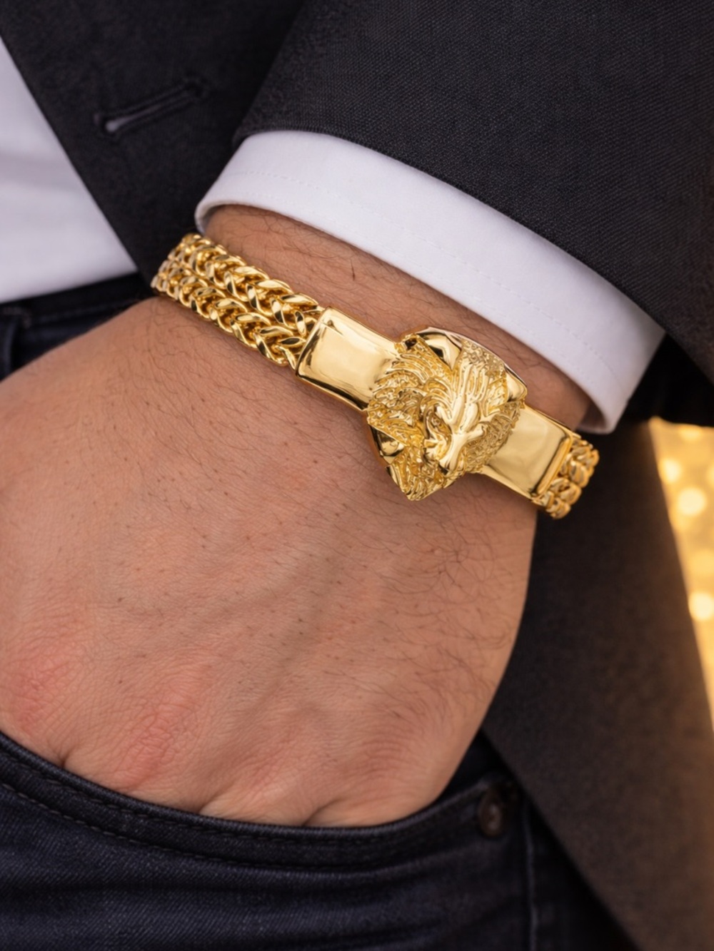 Stainless Gold Lion Head Men's Chain Bracelet - Elegant Statement Accessory